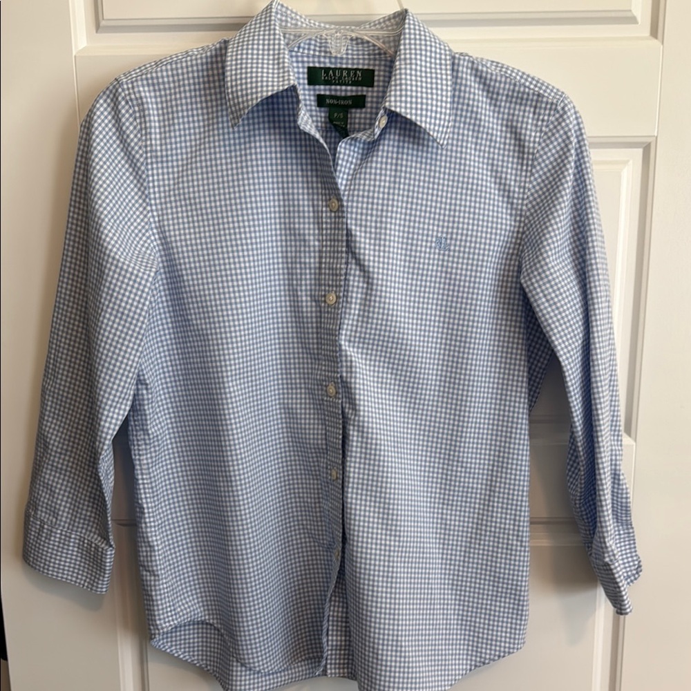 Lauren Ralph Lauren Blue Gingham Casual Button Down Shirt -Petite Small